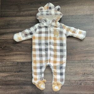 Baby Mack Boys Plush Plaid Bear Hooded/Footed Fuzzy Coverall 0/3m